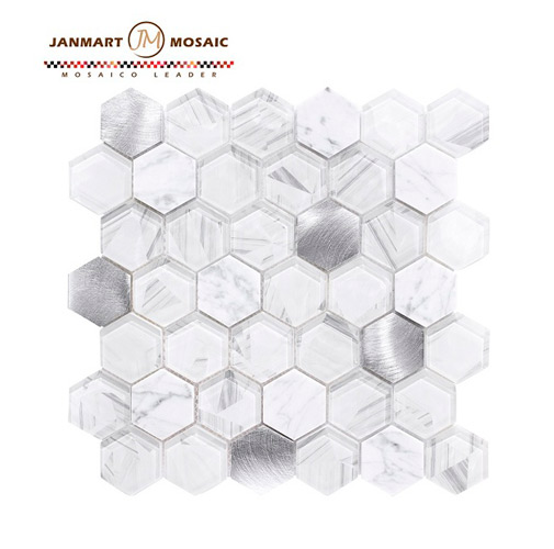Hexagon Glass Mixed Color White Grey Mosaic Tile